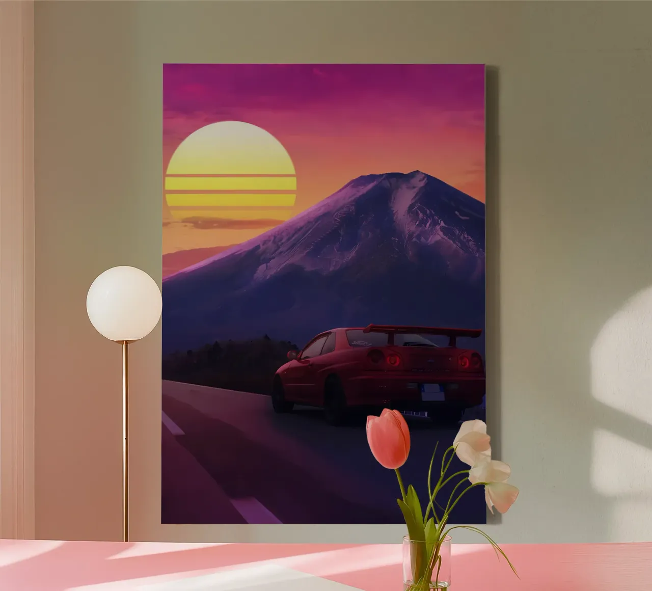 auto berg zonsondergang canvas met Baklijst van MountainShop