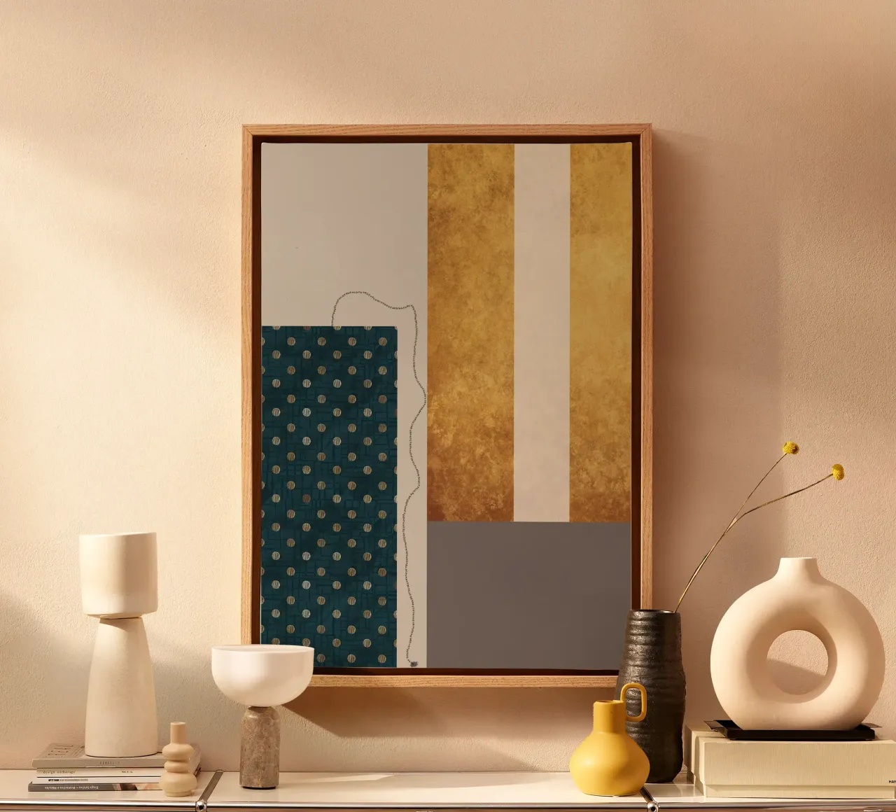 modern abstract art golden tela con Cornice a cassetta da vintageshop