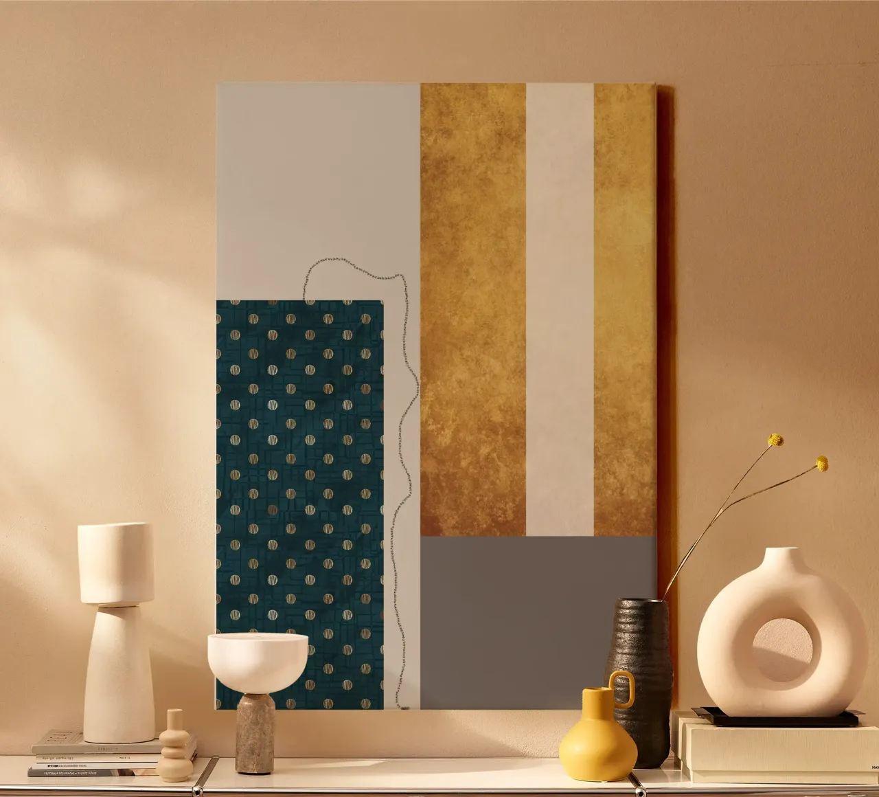 modern abstract art golden tela con Cornice a cassetta da vintageshop