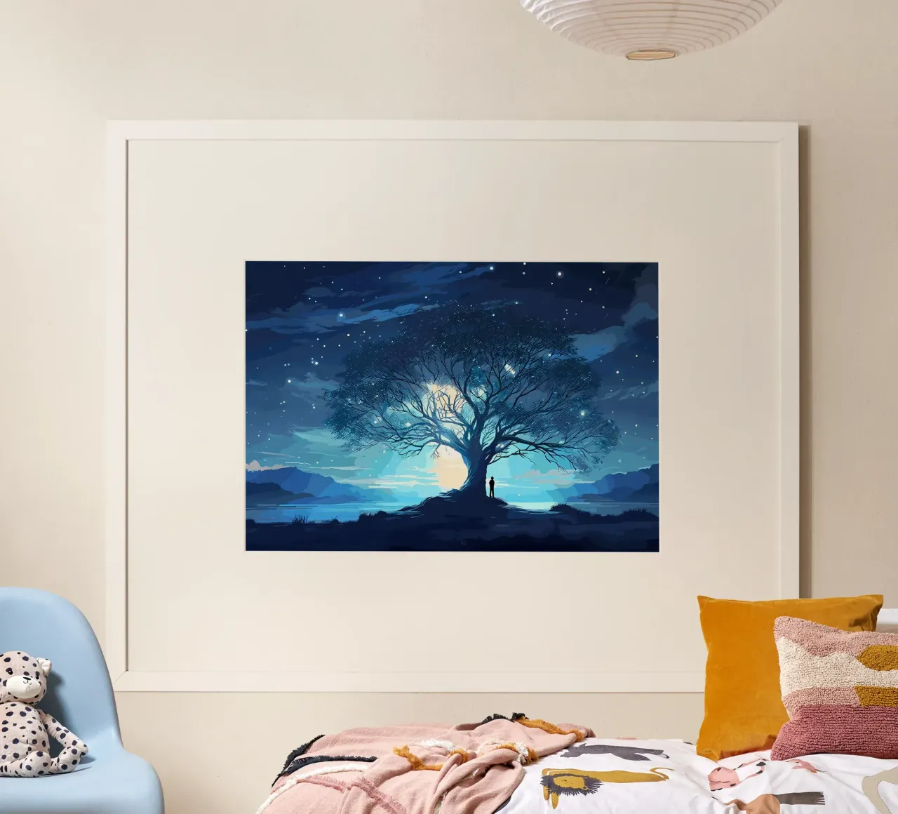 albero notte stelle poster con telaio in legno da Jennifer R Spyhalski
