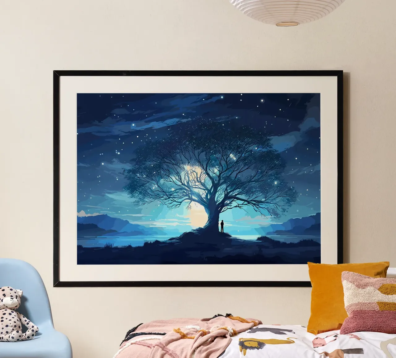 albero notte stelle poster con telaio in legno da Jennifer R Spyhalski