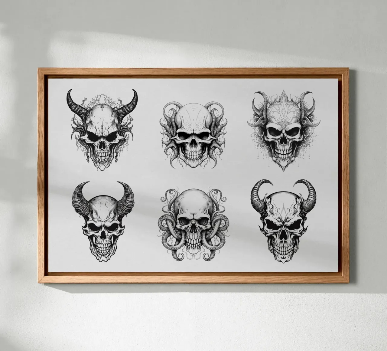 Whimsical skull drawing canvas with Floater frame by Carinaprint