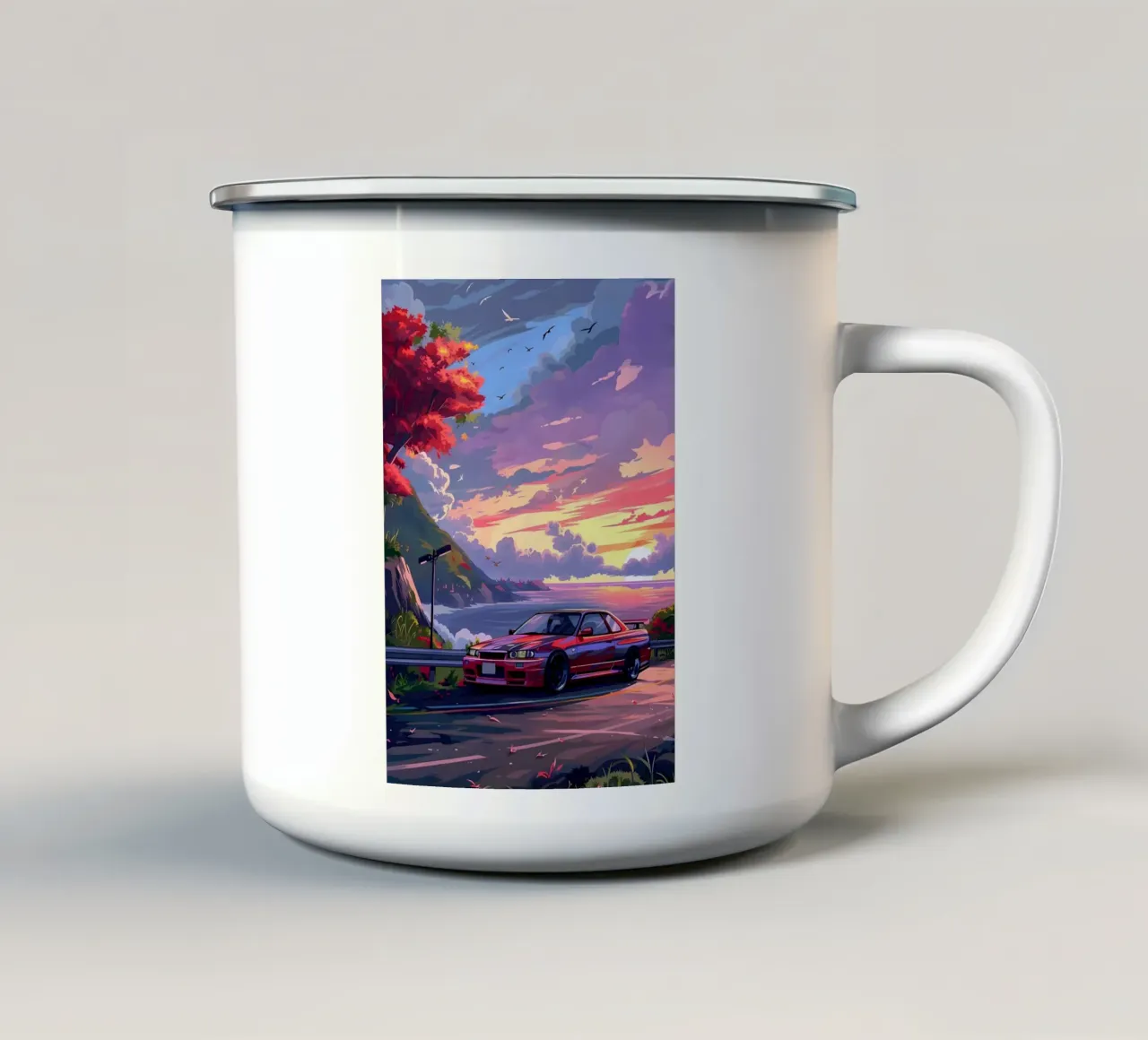 sports car sunset mountain enamel mug by MountainShop