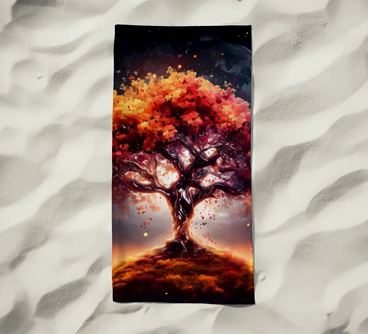 fantasy tree moon night beach towel by Jennifer R Spyhalski