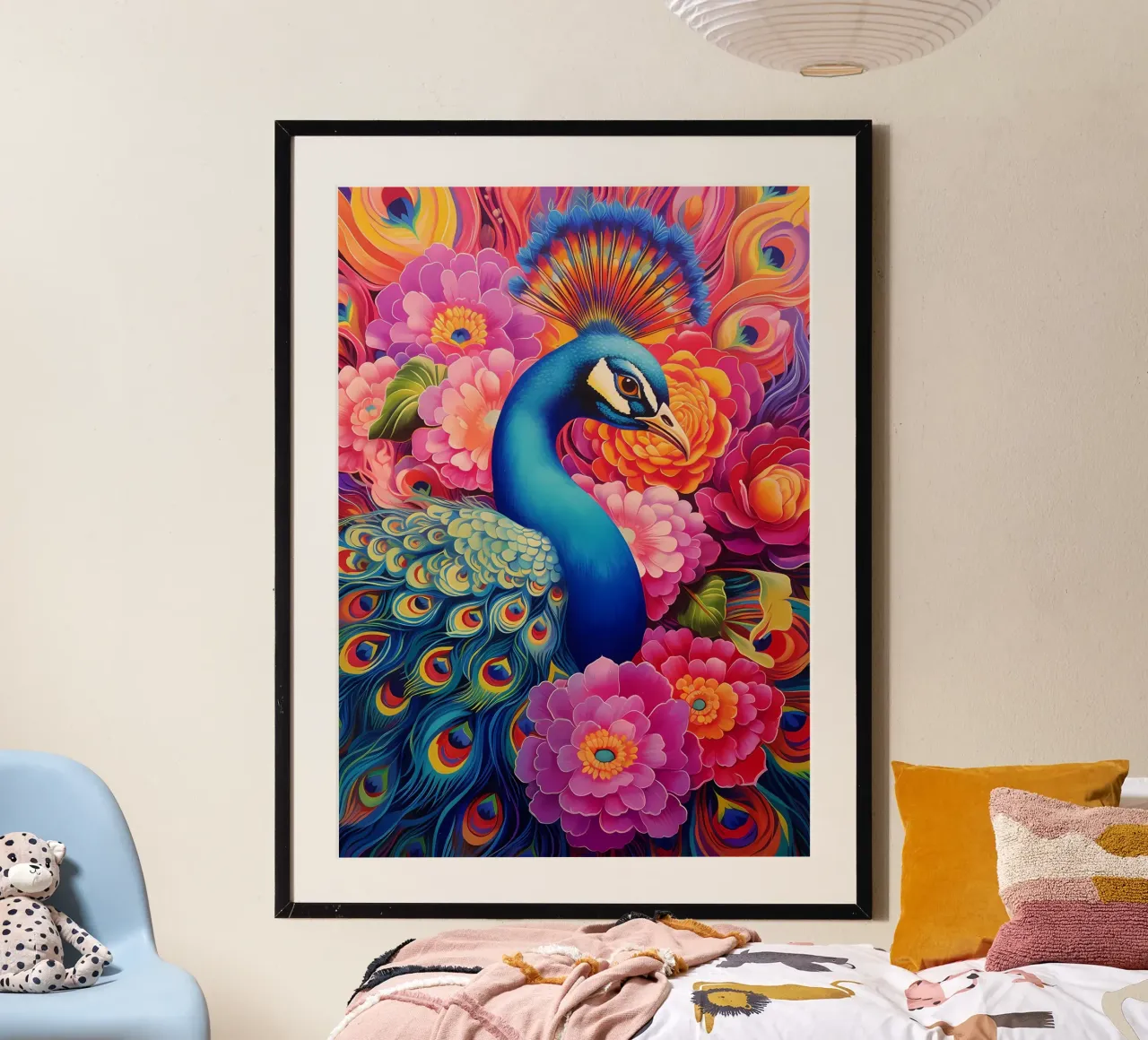 piume di pavone colori vivaci poster con telaio in legno da Jennifer R Spyhalski