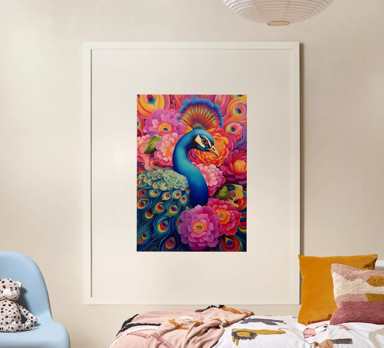 piume di pavone colori vivaci poster con telaio in legno da Jennifer R Spyhalski