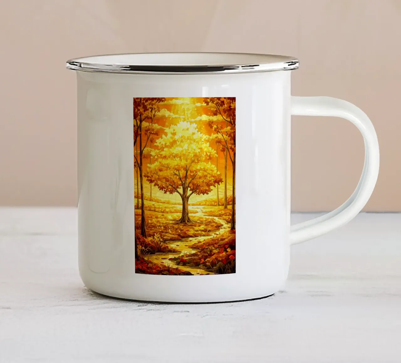 albero autunnale luce del sole tazza in smalto da Jennifer R Spyhalski