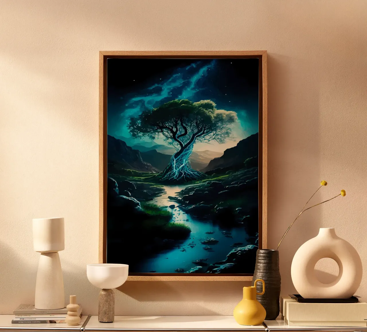 tree water stream canvas with Floater frame by Jennifer R Spyhalski