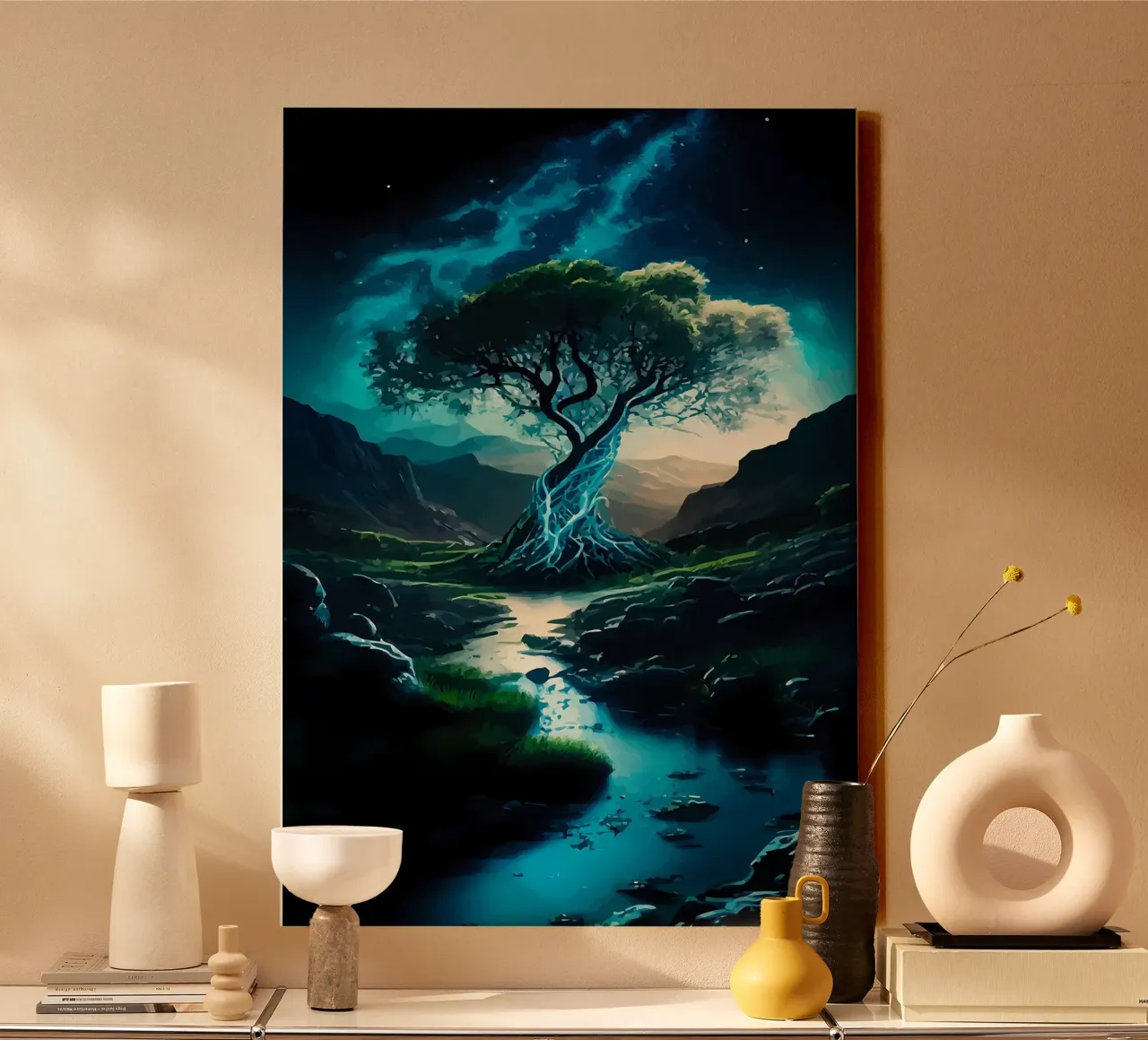 tree water stream canvas with Floater frame by Jennifer R Spyhalski