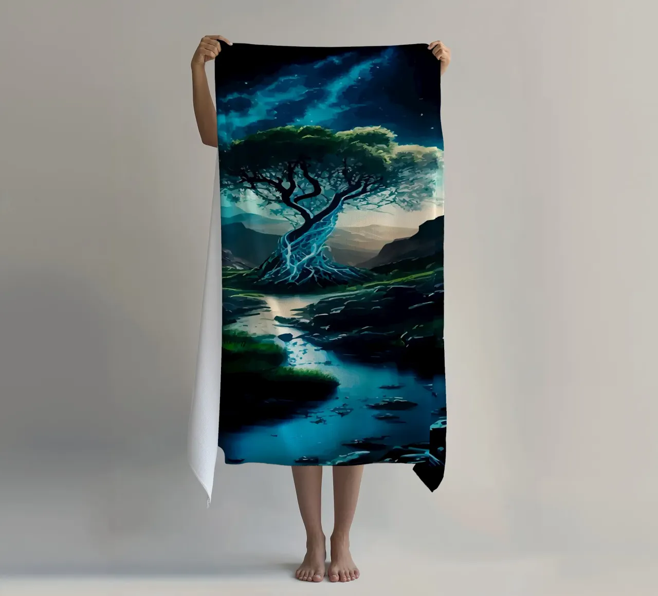 tree water stream beach towel by Jennifer R Spyhalski