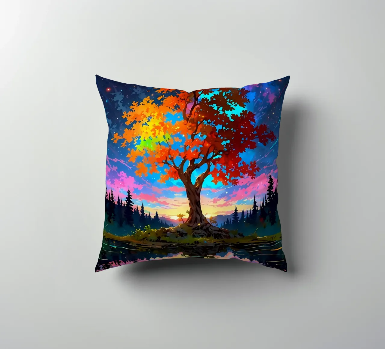 tree lake reflection decorative cushion by Jennifer R Spyhalski