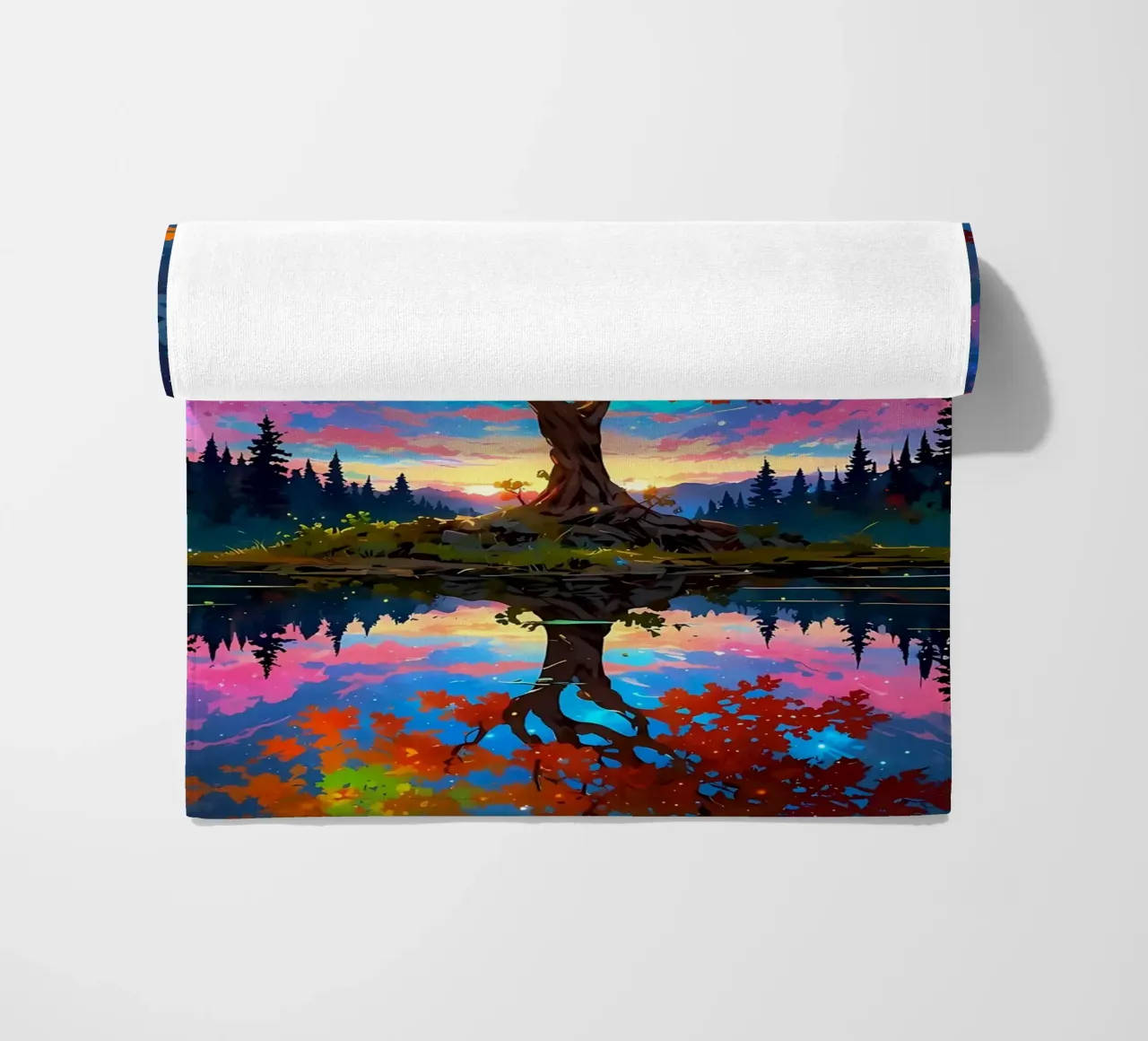 tree lake reflection beach towel by Jennifer R Spyhalski