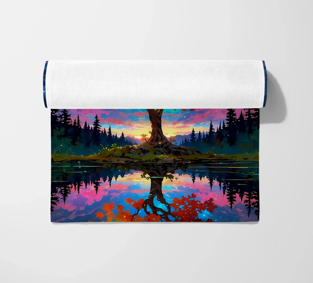 tree lake reflection beach towel by Jennifer R Spyhalski
