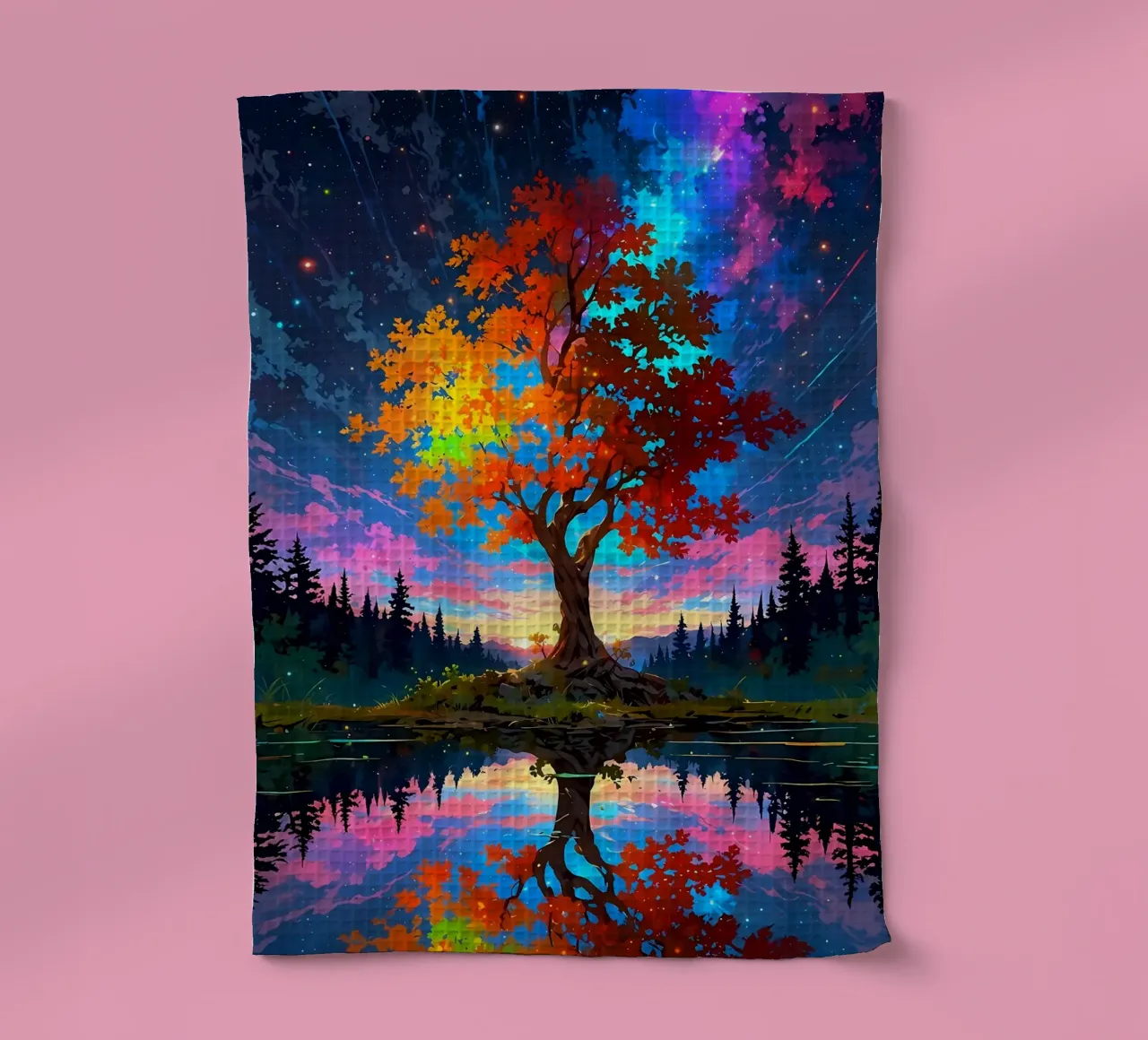 tree lake reflection tea towel by Jennifer R Spyhalski