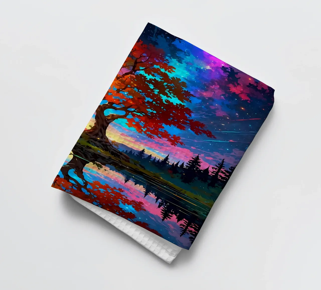 tree lake reflection tea towel by Jennifer R Spyhalski