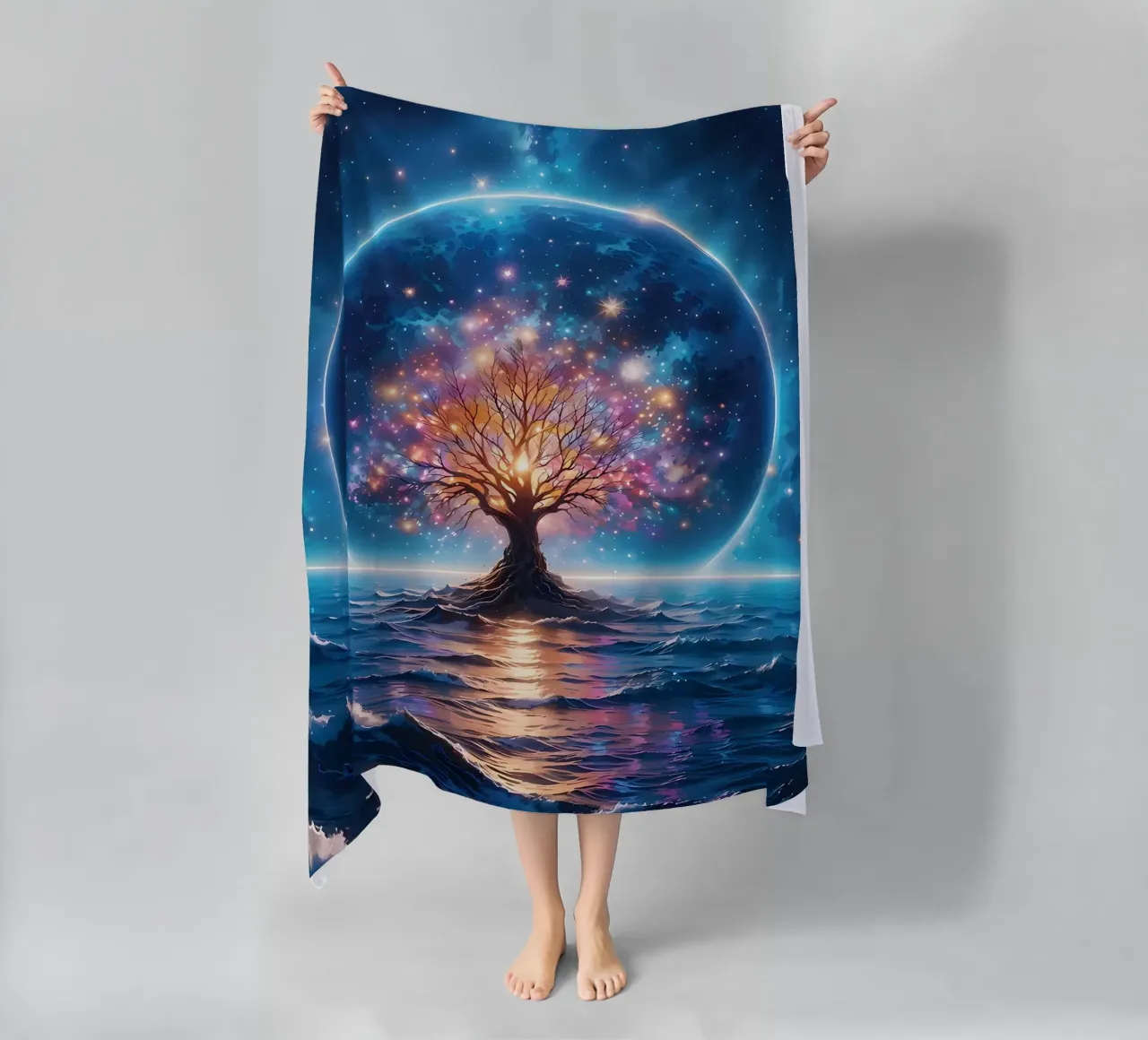 tree galaxy stars beach towel by Jennifer R Spyhalski