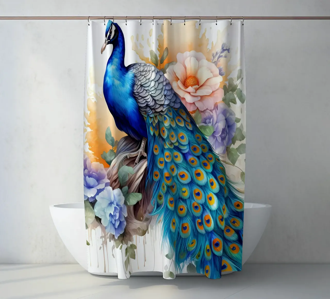 pavo real azul plumas flores cortina de baño de Jennifer R Spyhalski