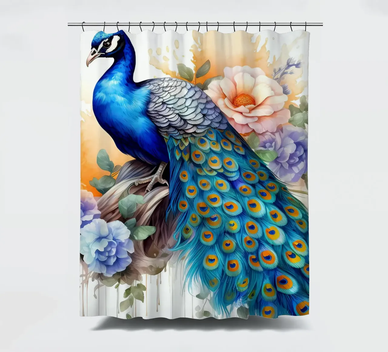 pavo real azul plumas flores cortina de baño de Jennifer R Spyhalski