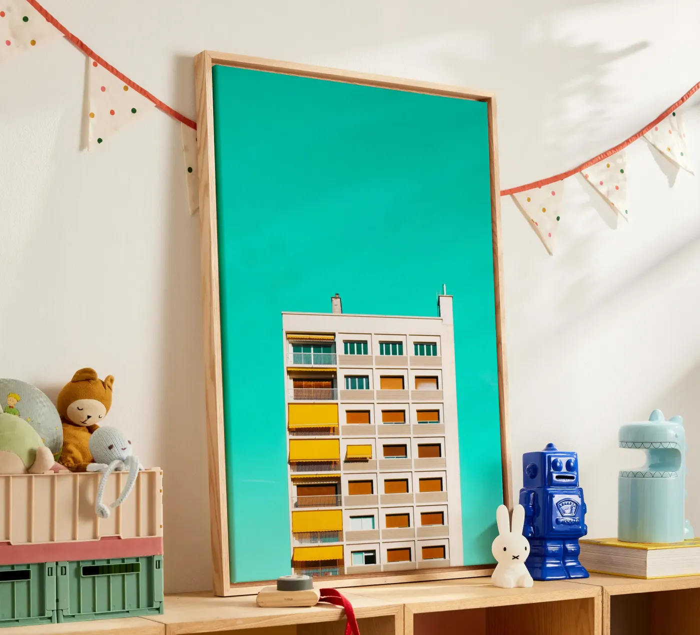 turquoise sky building canvas by pastel color shape