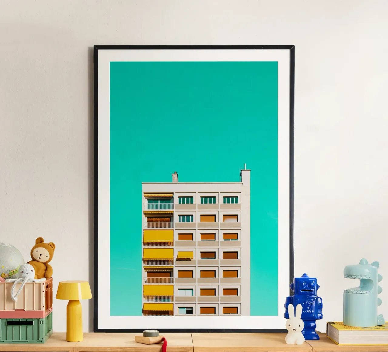 edificio cielo turchese poster con telaio in plastica da pastel color shape