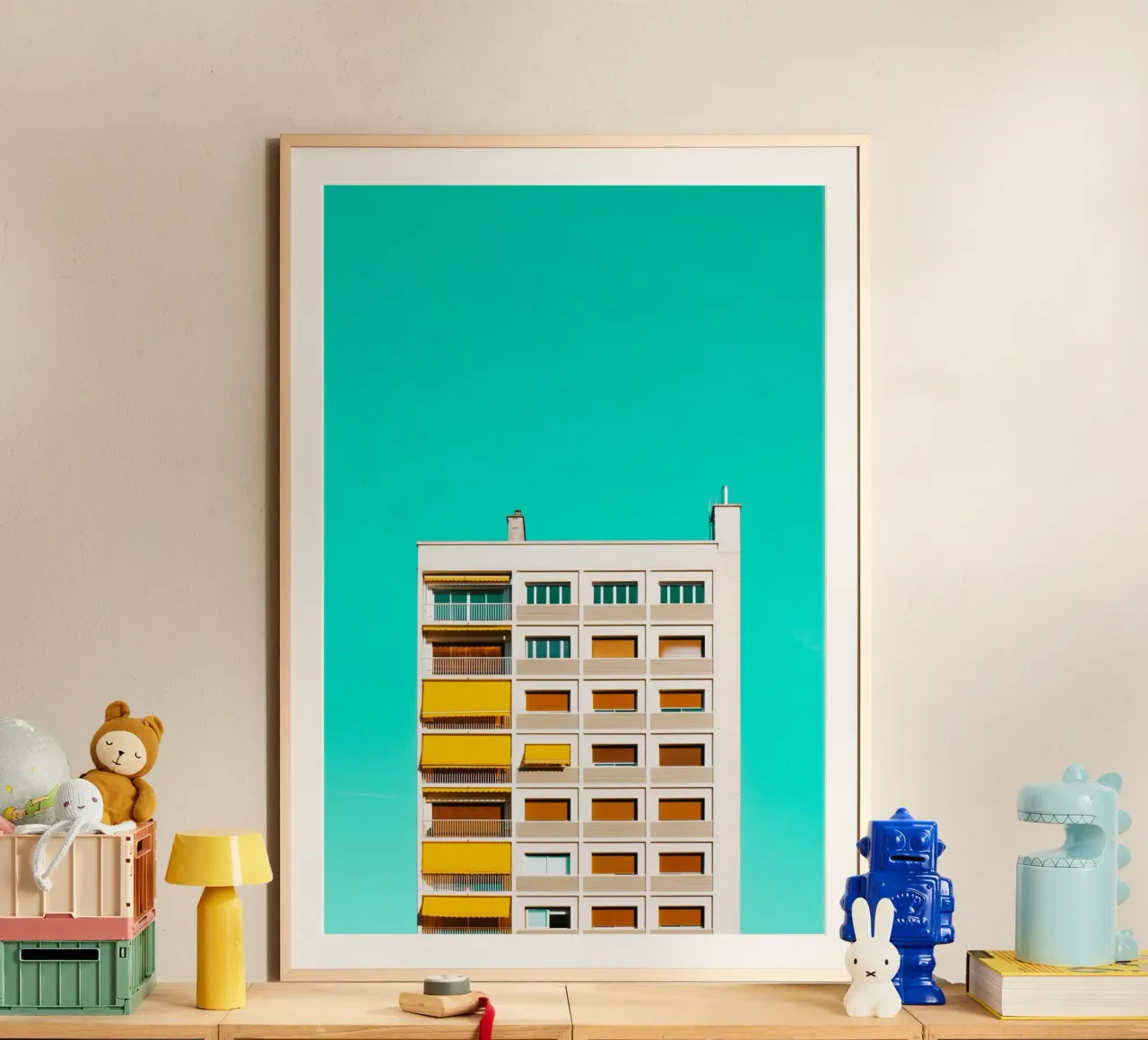 edificio cielo turchese poster con telaio in plastica da pastel color shape
