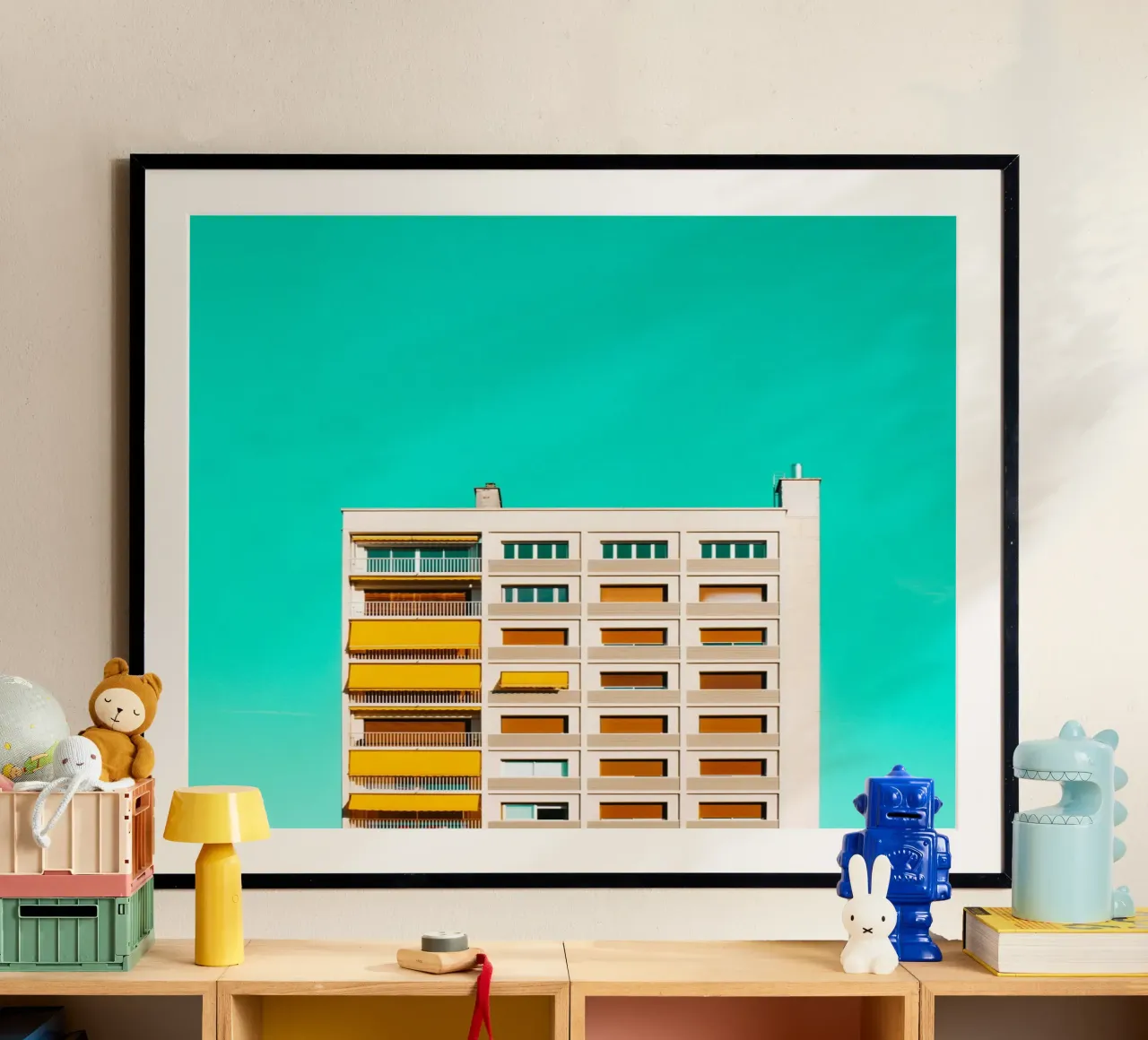 edificio cielo turchese poster con telaio in plastica da pastel color shape