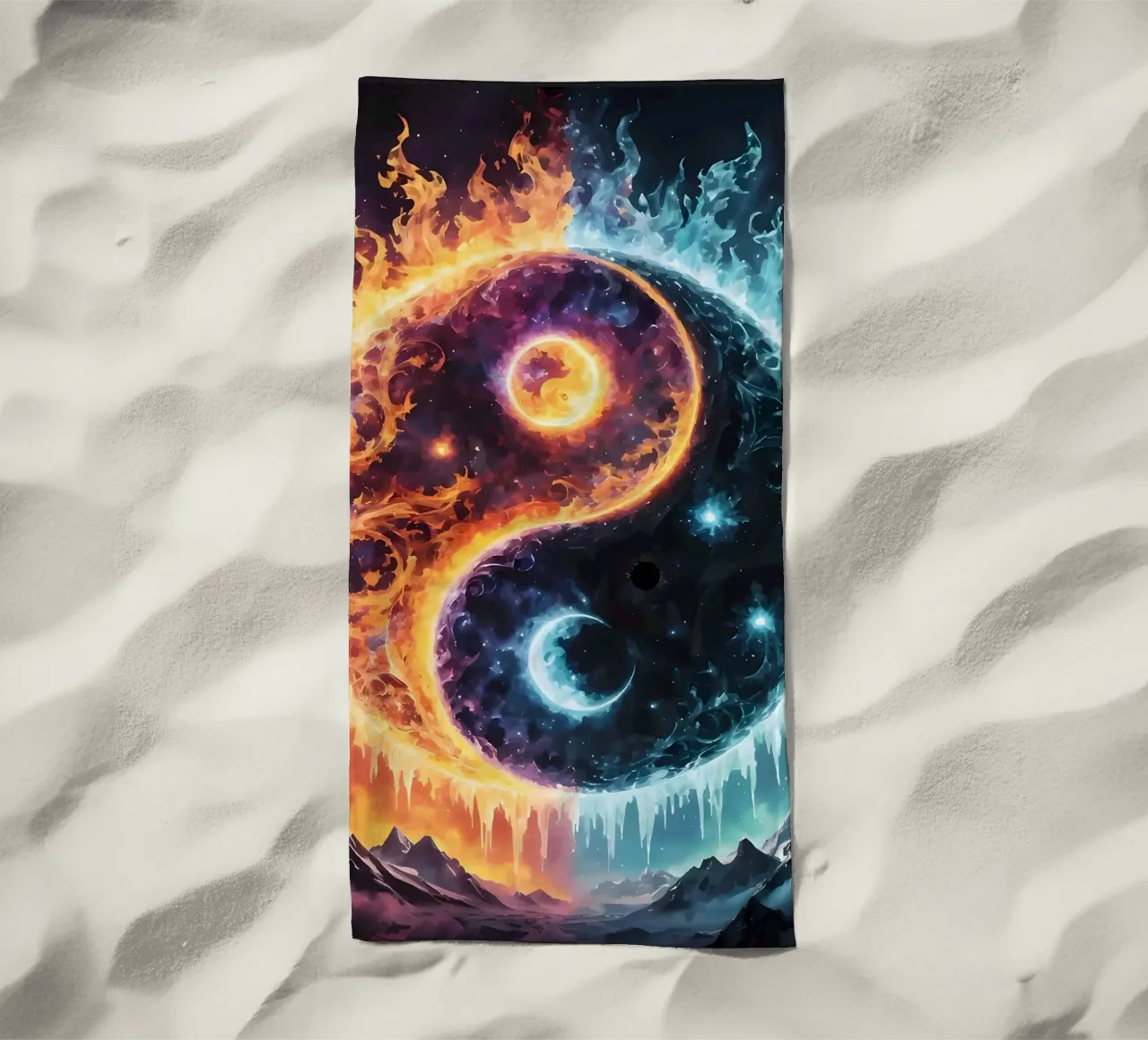 yin-yang fire ice balance beach towel by BacsicRonBaleShop