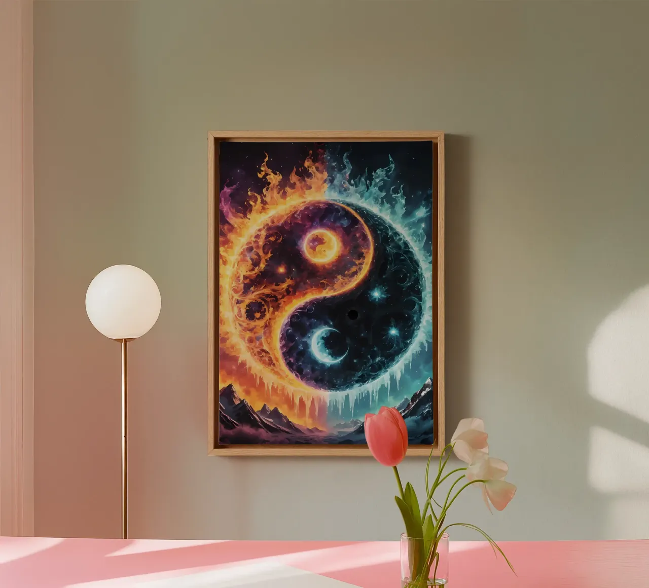 yin-yang vuur ijs balans canvas met Baklijst van BacsicRonBaleShop