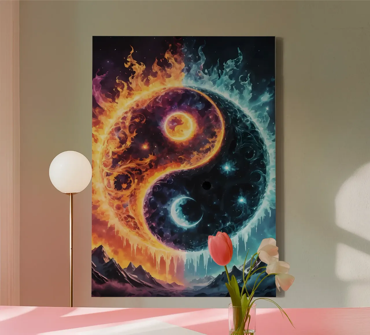 yin-yang vuur ijs balans canvas met Baklijst van BacsicRonBaleShop