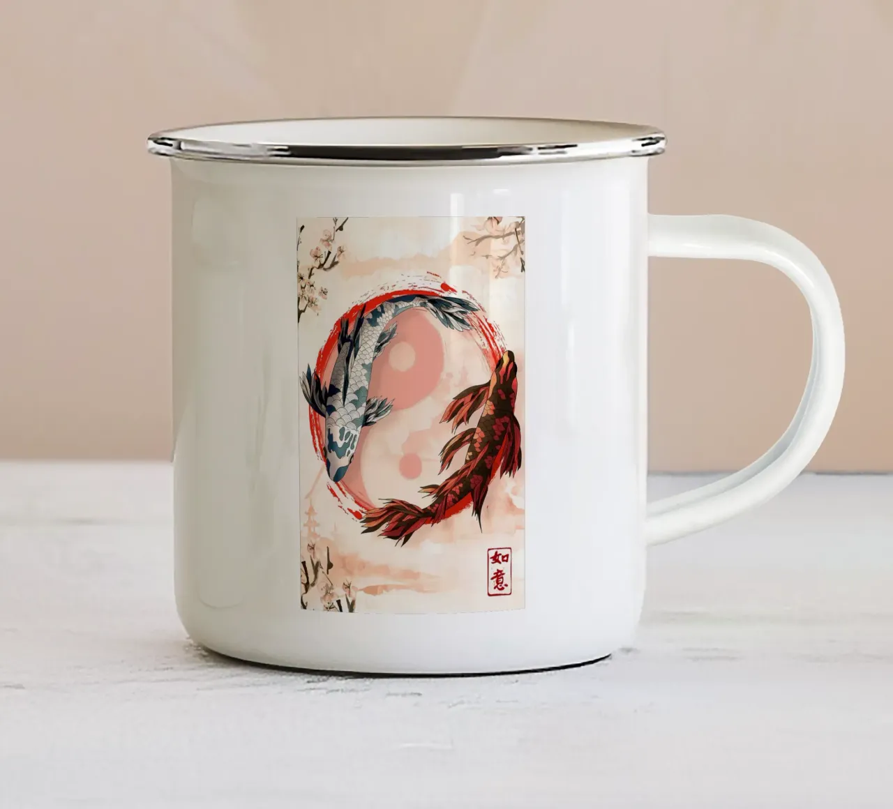 pesce koi yin yang fiori di ciliegio tazza in smalto da Frank R Bertucci