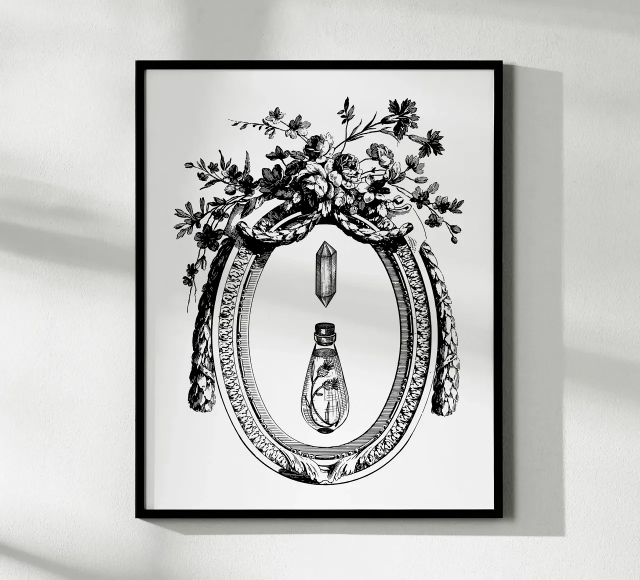cornice floreale vintage con fiala e cristallo poster con telaio in legno da morphinaeblue