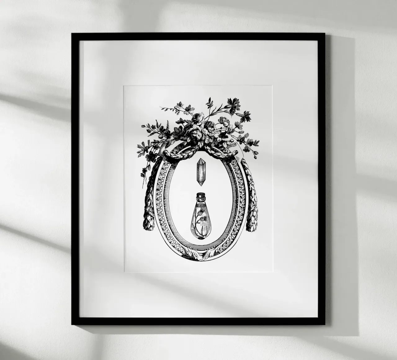 cornice floreale vintage con fiala e cristallo poster con telaio in legno da morphinaeblue
