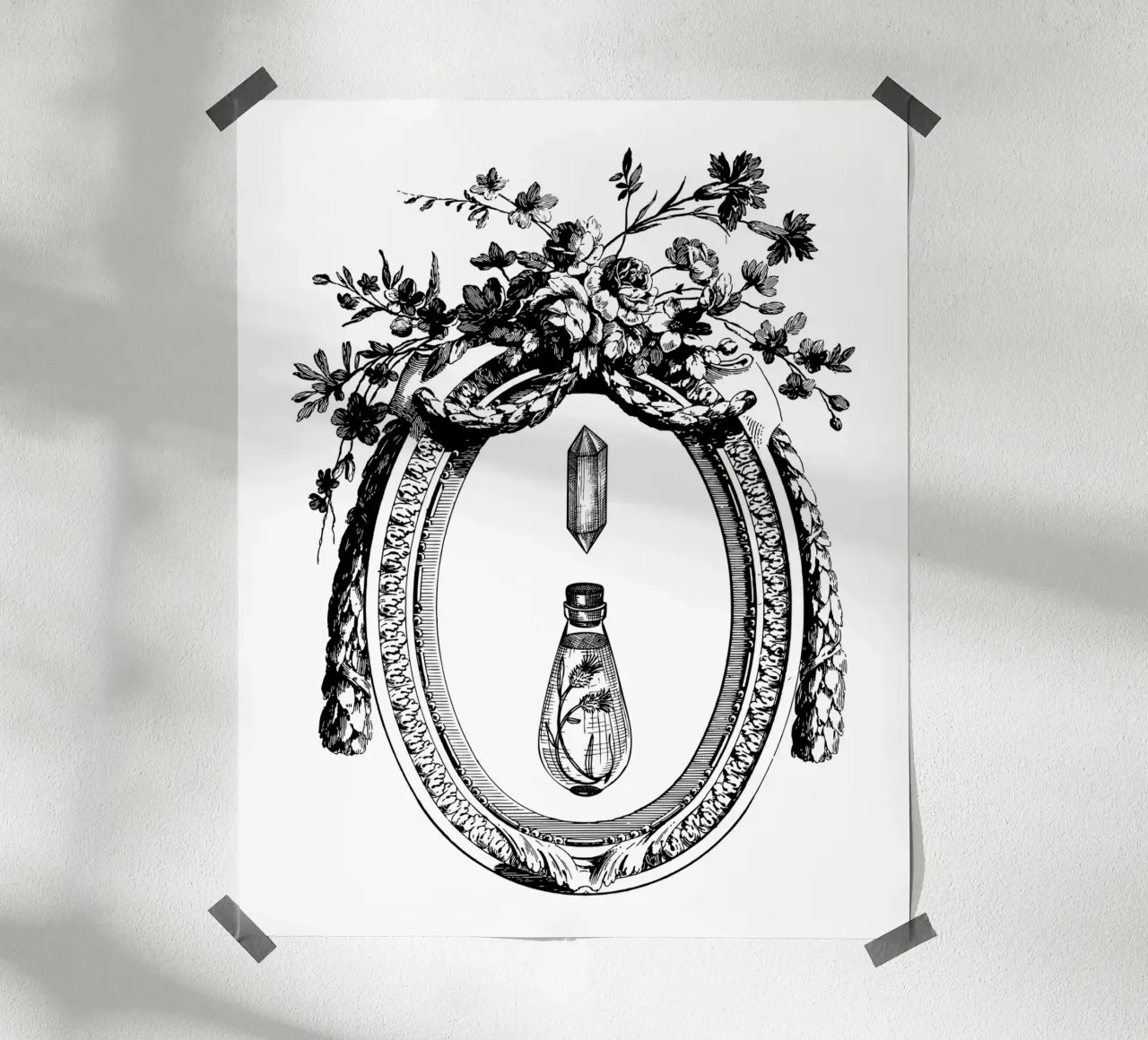 cornice floreale vintage con fiala e cristallo poster con telaio in legno da morphinaeblue