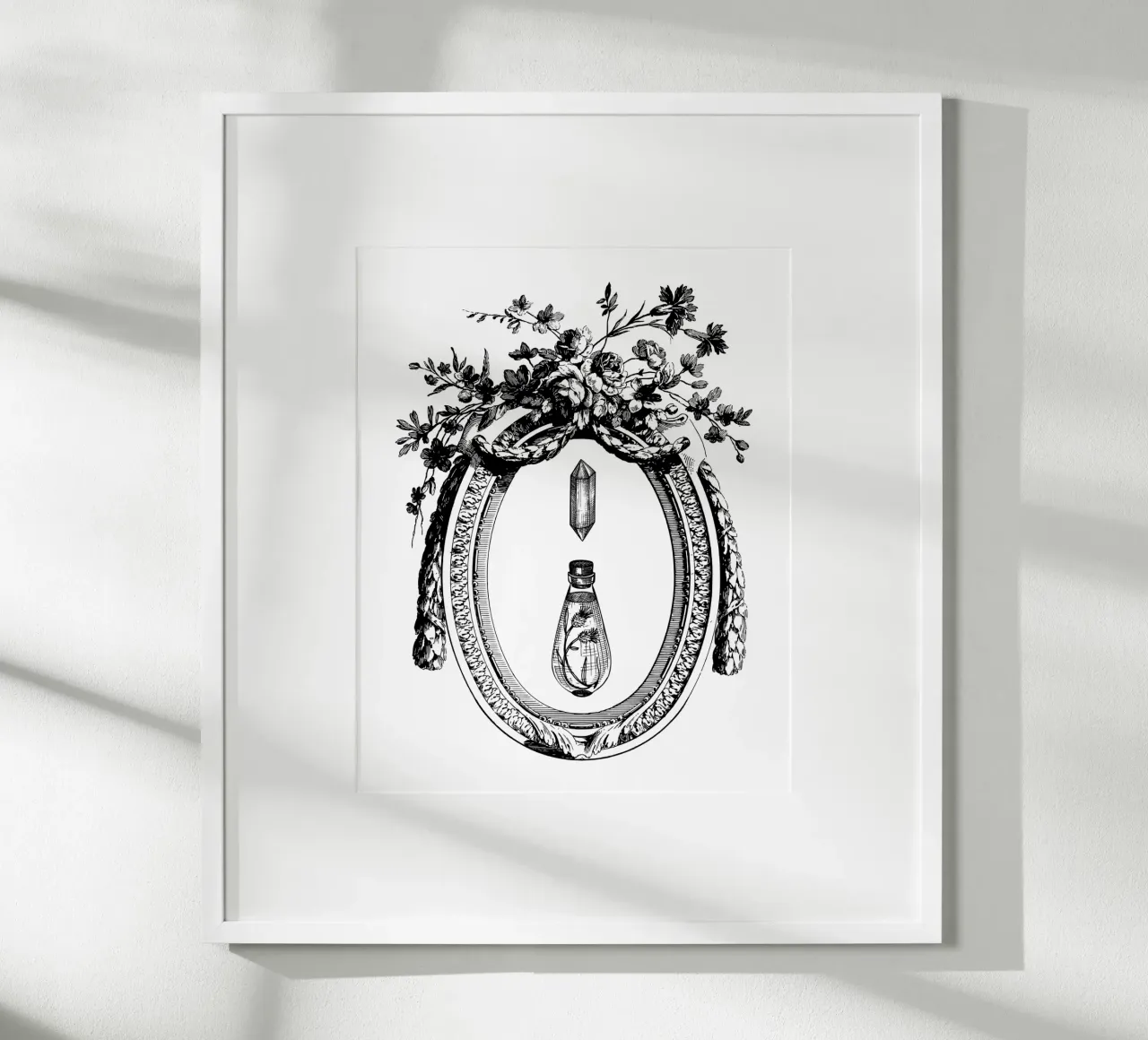 cornice floreale vintage con fiala e cristallo poster con telaio in legno da morphinaeblue