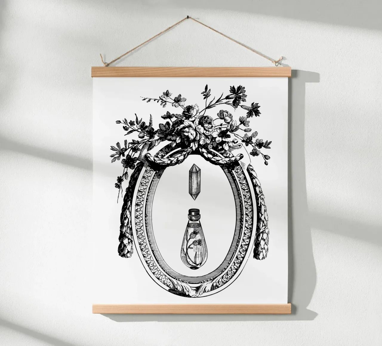 cornice floreale vintage con fiala e cristallo poster con telaio in legno da morphinaeblue