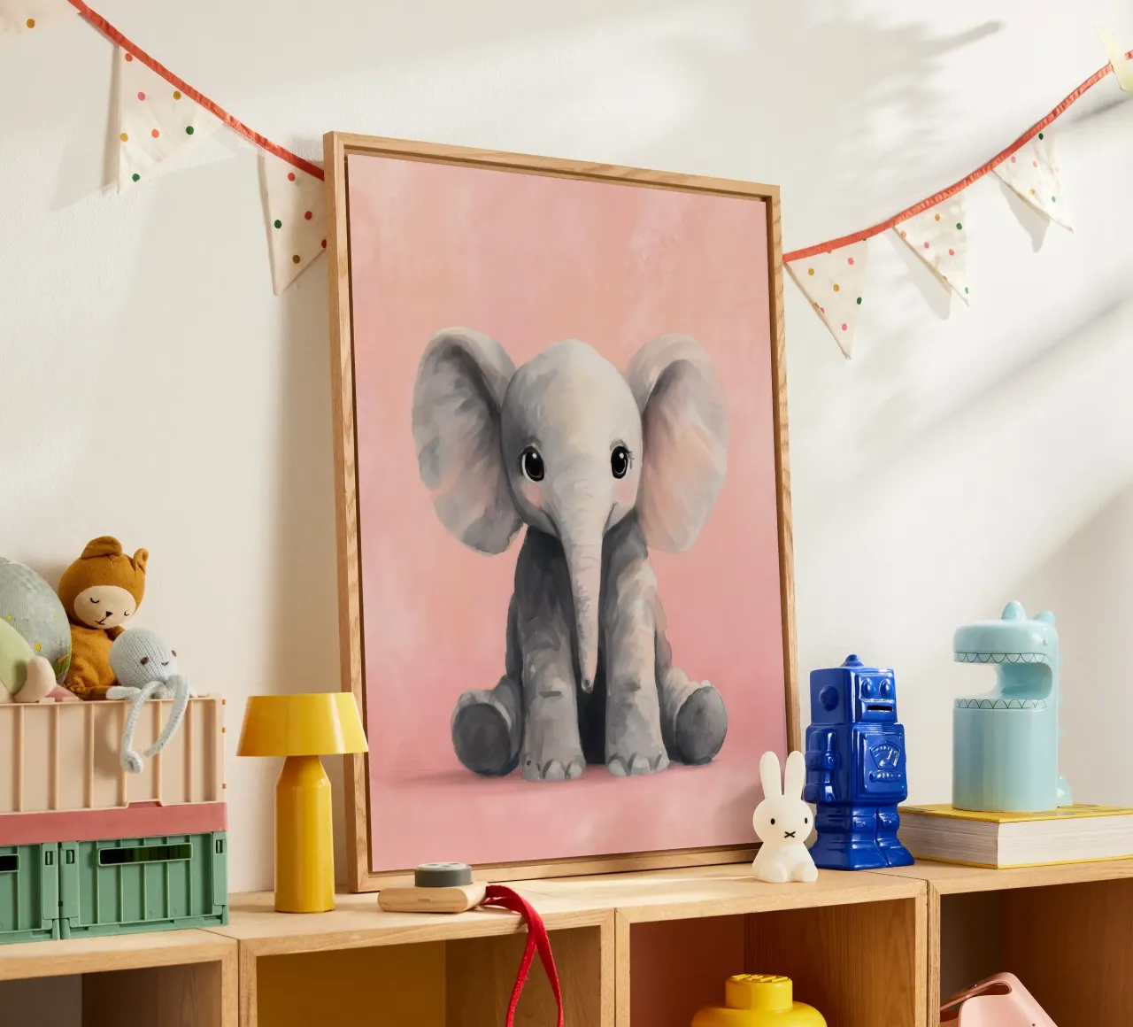 Baby Elephant Sitting on Soft Pink with Gentle Eyes acrylic glass by Moodwall