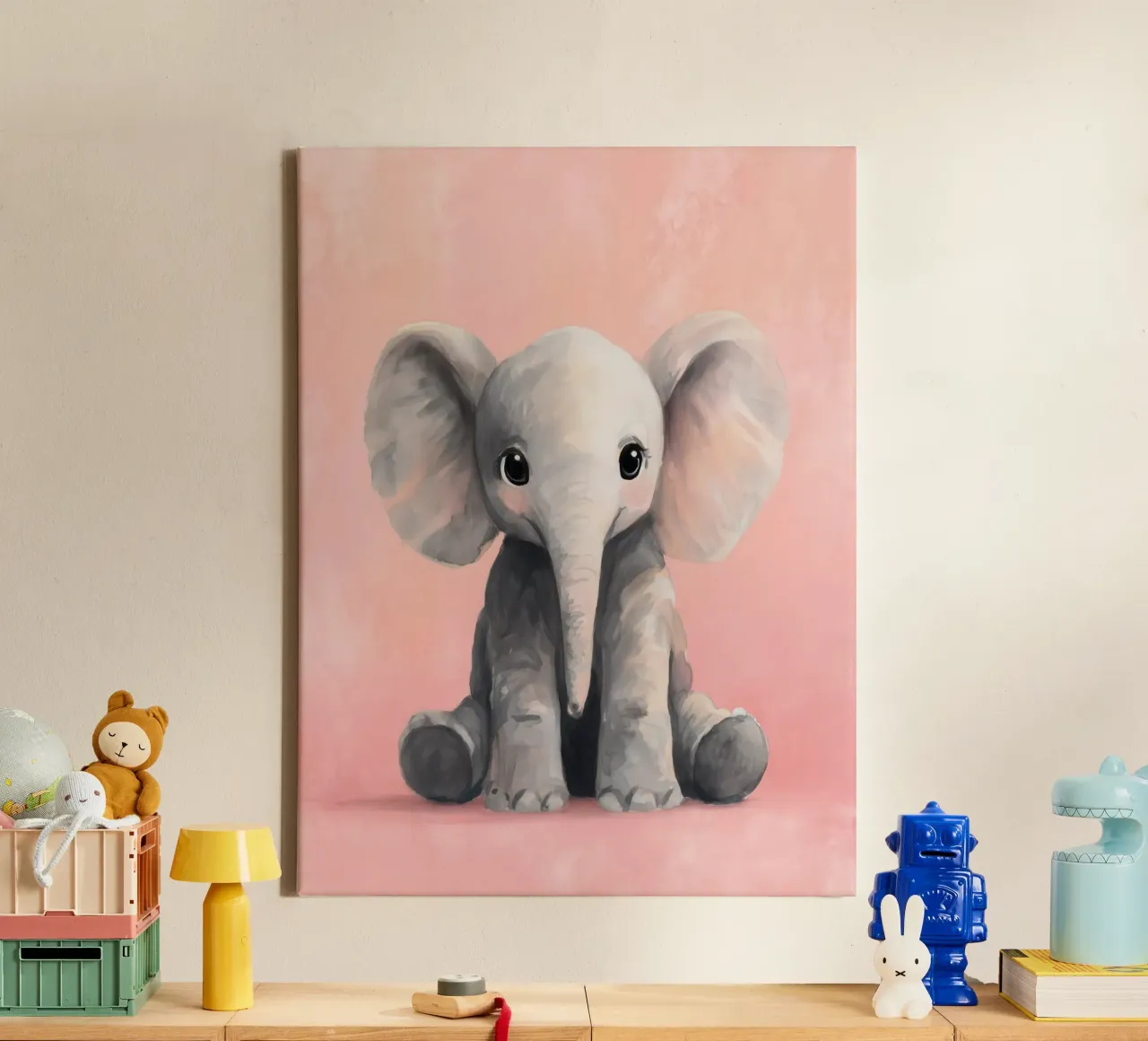 Baby-Elefant auf weichem Rosa sitzend mit sanften Augen Leinwand von Moodwall