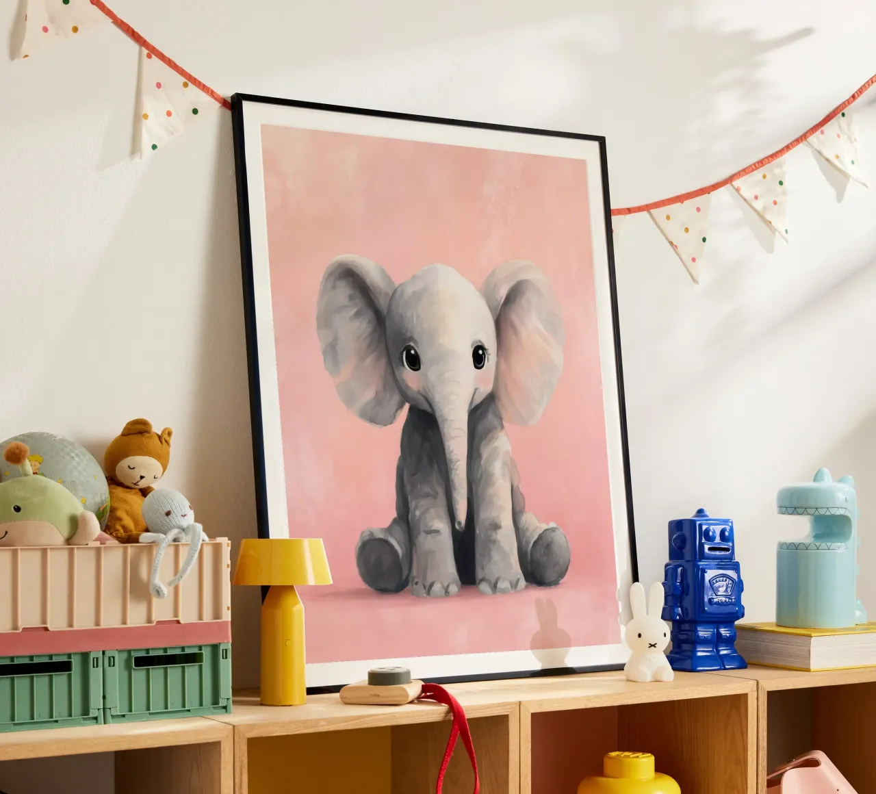 Baby Elephant Sitting on Soft Pink with Gentle Eyes poster by Moodwall