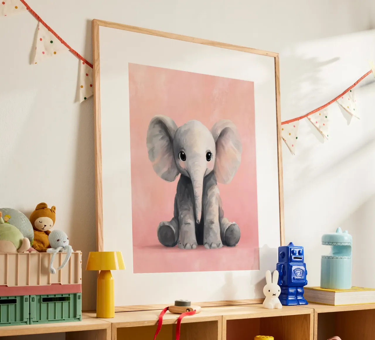 Baby Elephant Sitting on Soft Pink with Gentle Eyes poster by Moodwall