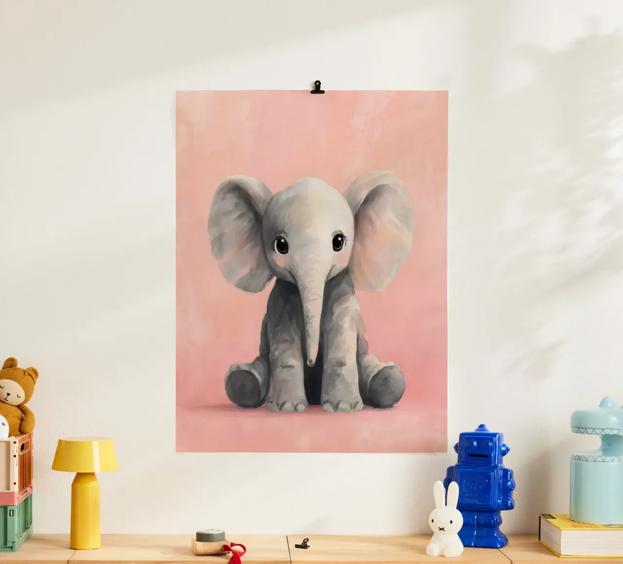 Baby Elephant Sitting on Soft Pink with Gentle Eyes poster by Moodwall