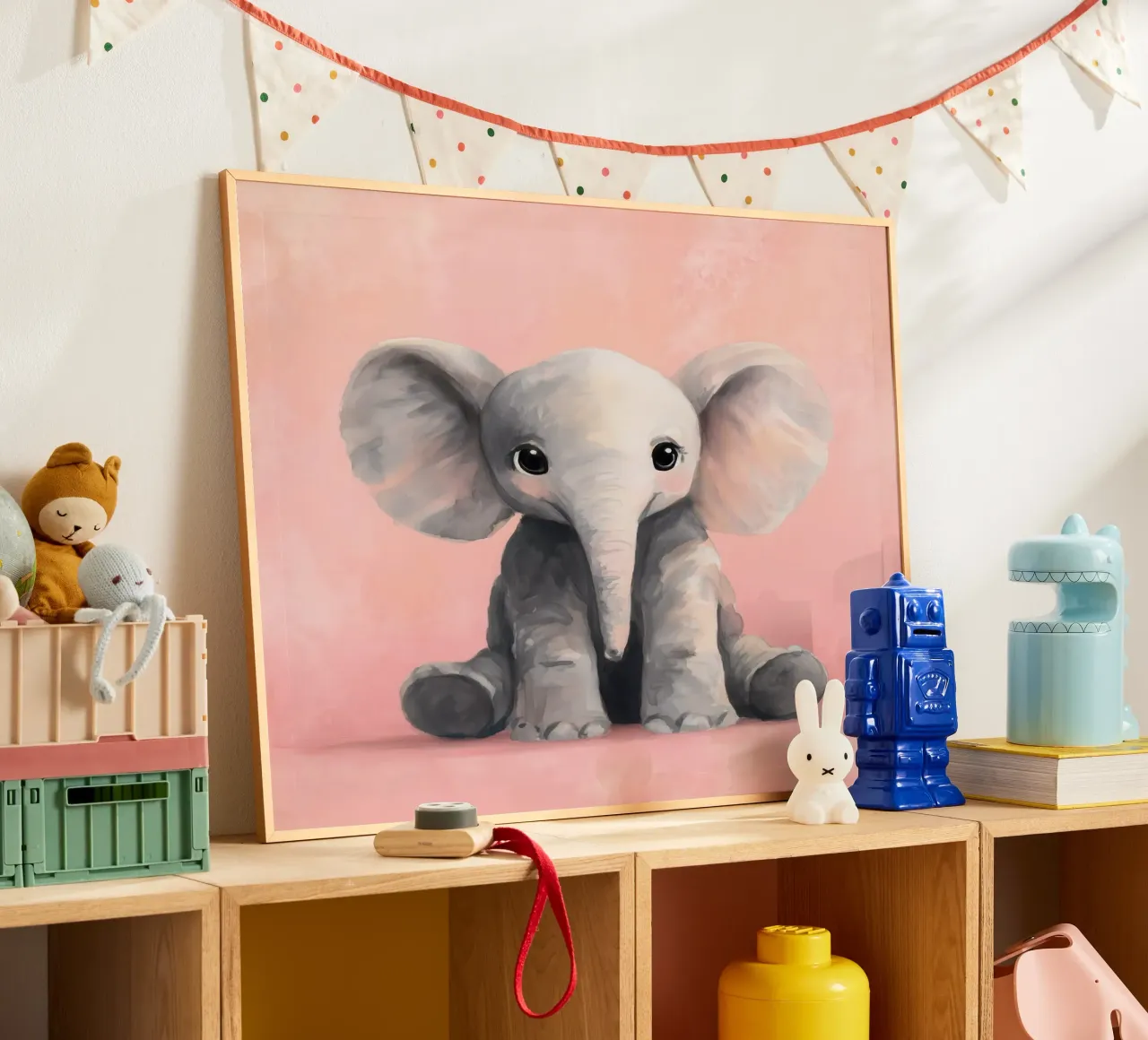 Baby Elephant Sitting on Soft Pink with Gentle Eyes poster by Moodwall