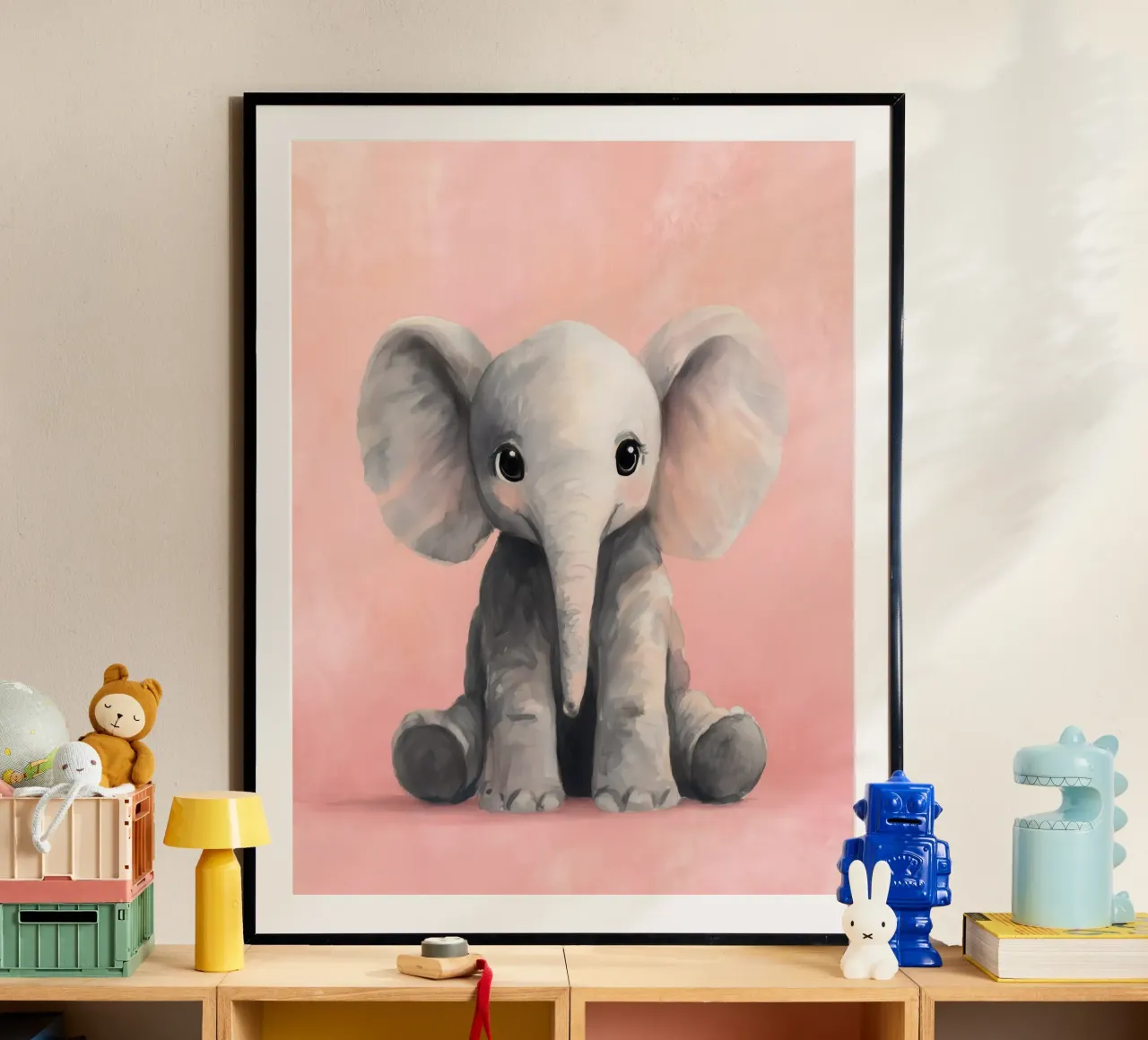 Baby Elephant Sitting on Soft Pink with Gentle Eyes poster by Moodwall