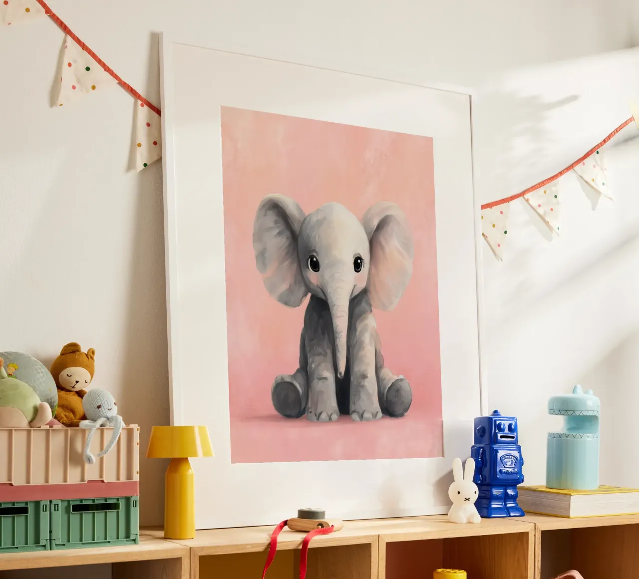 Baby Elephant Sitting on Soft Pink with Gentle Eyes poster by Moodwall