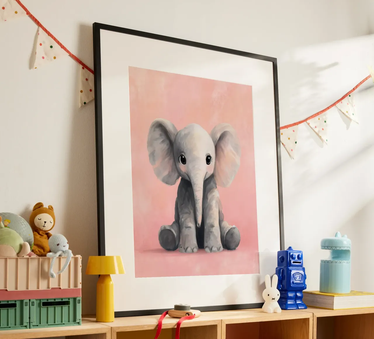 Baby Elephant Sitting on Soft Pink with Gentle Eyes poster by Moodwall