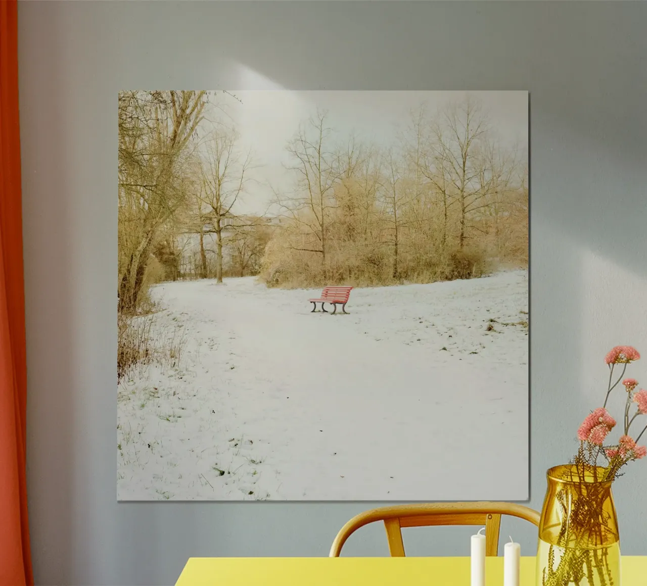 Banc rouge au parc des neiges poster de KISSA STUDIO
