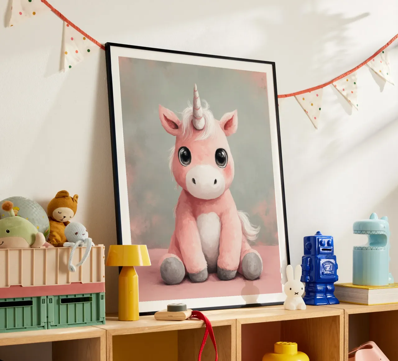 Pink Baby Unicorn Sitting with Shiny Eyes and Fluffy Mane poster by Moodwall