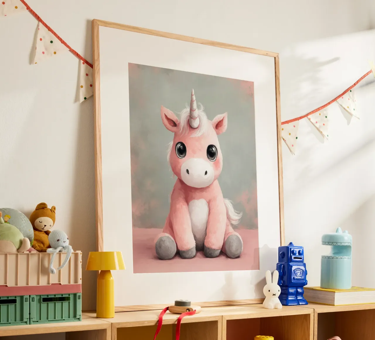 Pink Baby Unicorn Sitting with Shiny Eyes and Fluffy Mane poster by Moodwall