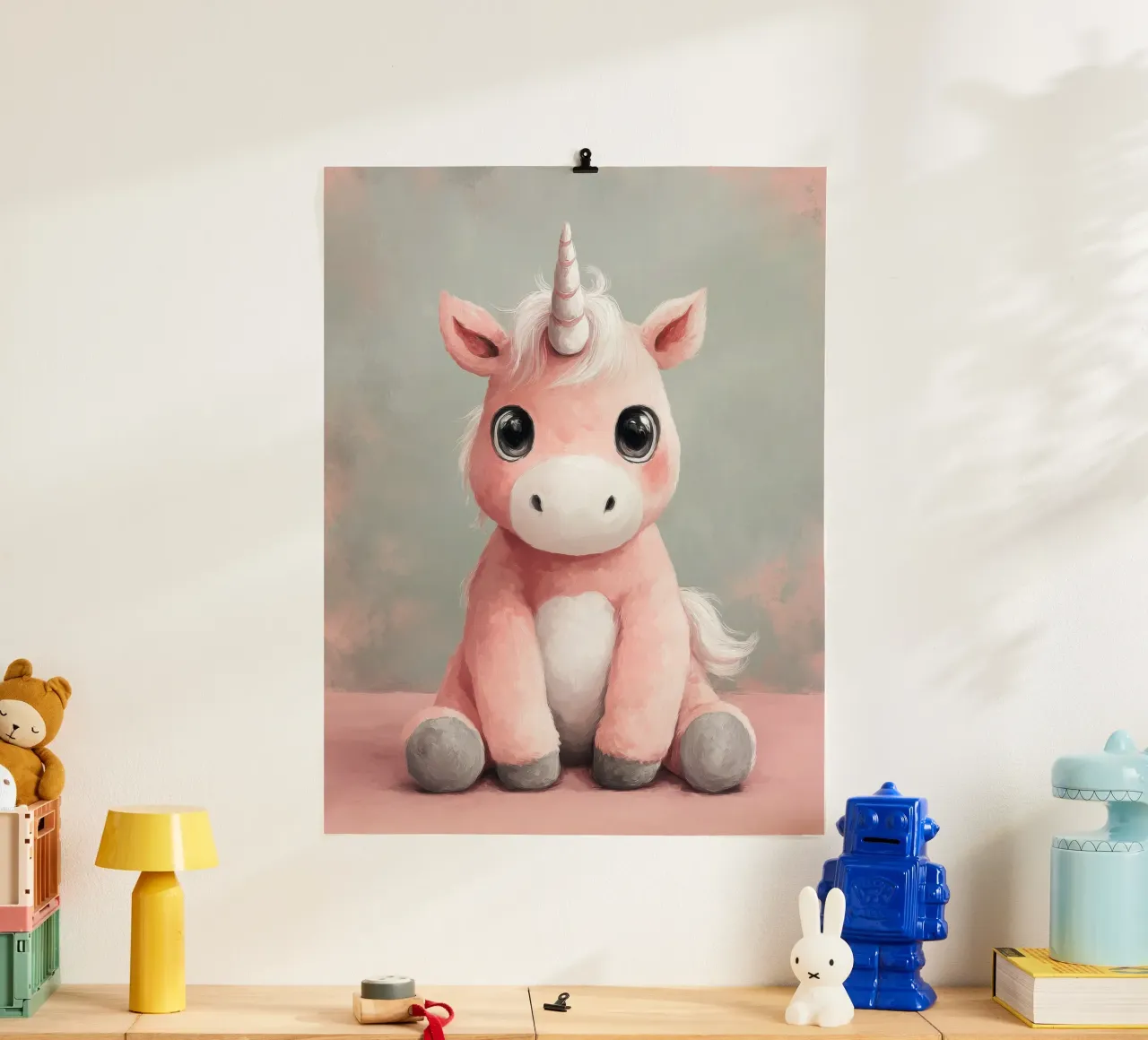 Pink Baby Unicorn Sitting with Shiny Eyes and Fluffy Mane poster by Moodwall