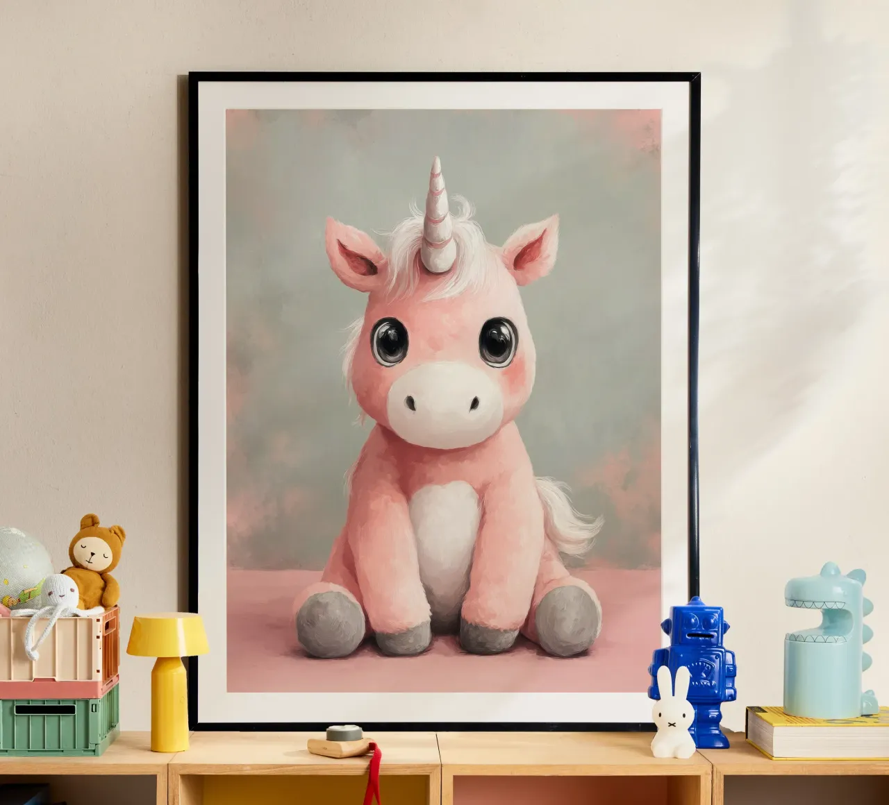 Pink Baby Unicorn Sitting with Shiny Eyes and Fluffy Mane poster by Moodwall