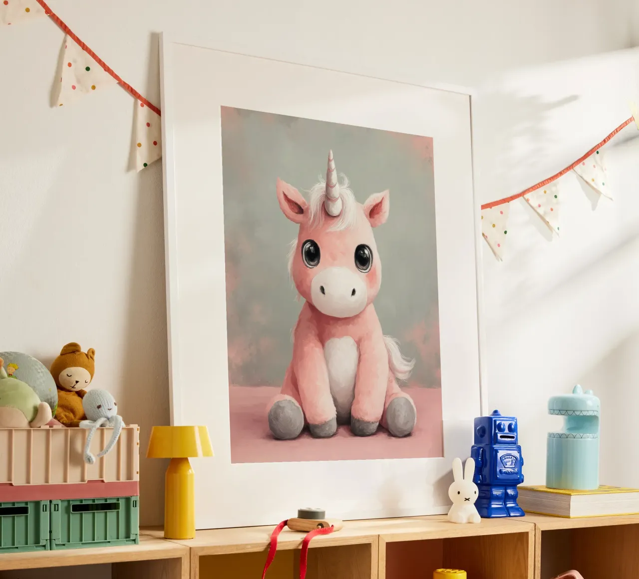 Pink Baby Unicorn Sitting with Shiny Eyes and Fluffy Mane poster by Moodwall